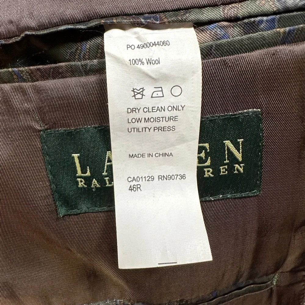 Lauren Ralph Lauren Mens 46R Wool Blazer Houndstooth Elbow Patches Brown Blue